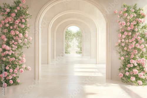 Floral wedding corridor with pink roses in luxury palace interior, romantic background with sunlight, elegant architecture and dreamy floral atmosphere