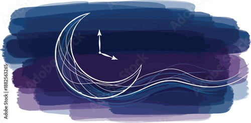Minimalist Celestial Moon Clock Illustration with Dreamy Watercolor Brush Strokes and Flowing Lines Background
