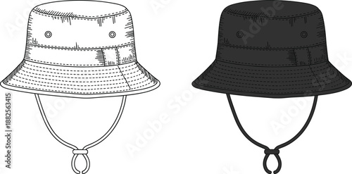 Bucket hat technical sketch set with chin strap cord and toggle detail in black and white colors for fashion design