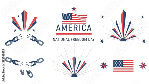 Illustrations of patriotic symbols and graphics celebrating National Freedom Day in America with a red, white, and blue color scheme.