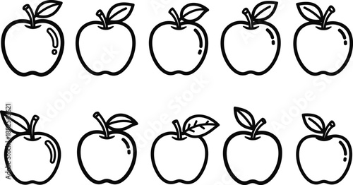 Apple outline icon set variations, fruit line symbols collection, healthy food concept, nutrition design elements, minimal black vector