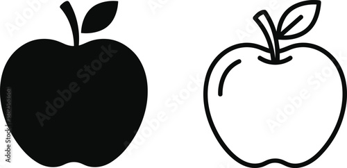 Apple solid and outline icons, fruit symbol comparison, healthy food concept, nutrition design elements, minimal black vector style