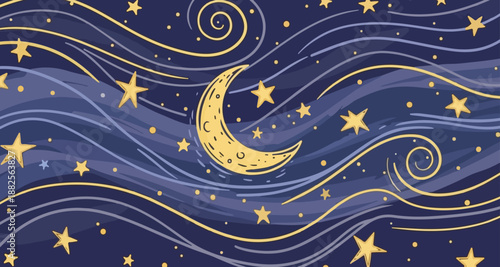 Dreamy Starry Night Background with Crescent Moon and Swirling Magical Clouds in Van Gogh Style Illustration