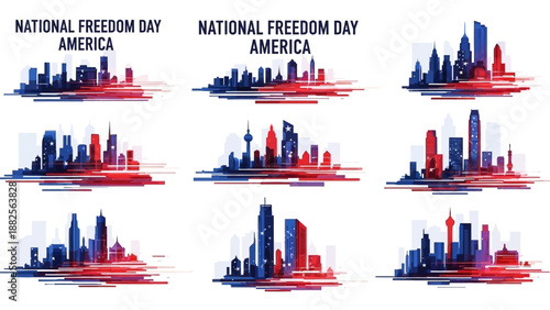 Vector illustrations of American city skylines in red, white, and blue hues celebrating National Freedom Day in America Republic.
