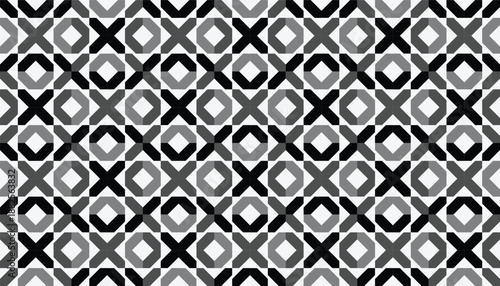Seamless geometric pattern with repeating X and diamond shapes in black, white, and gray tones.