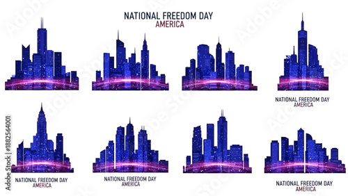 Set of six blue and purple city skylines on white background celebrating National Freedom Day in America Republic with vector illustrations.