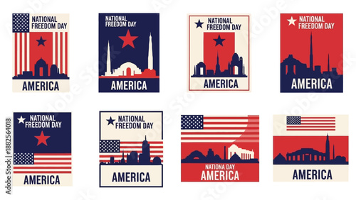 Collection of National Freedom Day vector illustrations featuring America and American Republic themes with patriotic designs and city skylines on a white background.