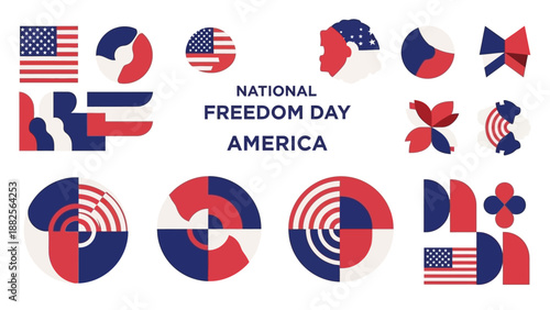A collection of geometric illustrations celebrating National Freedom Day in America, featuring red, white, and blue abstract designs with American flags on a white background.