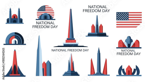 Vector illustrations of iconic American monuments and the United States flag celebrating National Freedom Day in a patriotic color scheme on a white background.