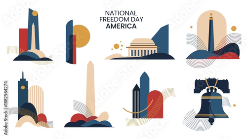 Flat lay illustration of iconic American landmarks and monuments celebrating National Freedom Day and America Republic, with a patriotic color scheme.