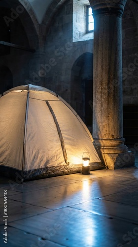 Tent lit by lantern inside ancient stone hall