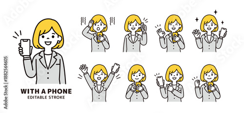 スマートフォンを持つ、ビジネスウーマンの様々な表情・ポーズのベクターイラスト素材セット