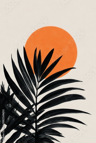 Stylized Palm Frond Silhouette Against Orange Sun Artwork on Beige Background Minimalist Geometric Design Tropical Foliage Elegant Composition Modern Art Print