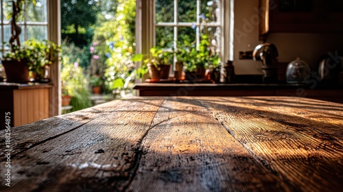 Sunlit Rustic Wooden Tabletop in a Bright Kitchen Overlooking a Lush Green Garden with Natural Light Streaming Through the Windows in a Warm and Inviting Home