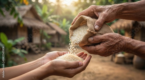 Hands exchanging rice from sack to palm in village background