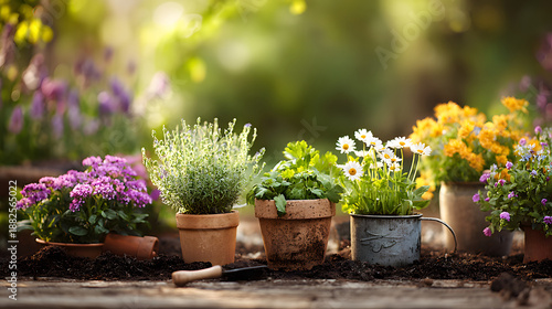 Spring Gardening Scene with Potted Flowers and Tools