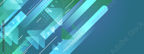 Tech-inspired composition featuring diagonal green bars and translucent geometric triangle patterns