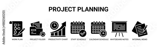 Project Planning web banner icon vector illustration concept with icons of work plan, project folder, productivity chart, staff schedule, calendar schedule, whiteboard notes, internal memo.