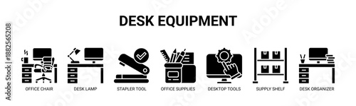 Desk Equipment web banner icon vector illustration concept with icons of office chair, desk lamp, stapler tool, office supplies, desktop tools, supply shelf, desk organizer.