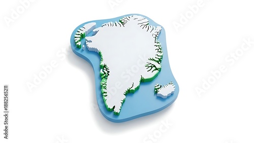 A stylized 3D model of Greenland, showing its ice cap, coastal land, and surrounding ocean on a white background.