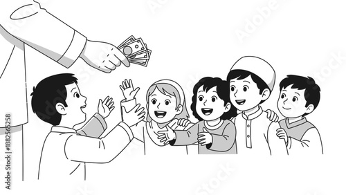 Muslim man giving money to happy children, Islamic charity or zakat concept illustration.