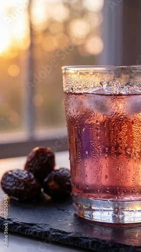 Dates and rose water drink with ice on slate, sunset light