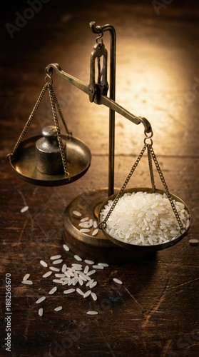 Brass balance scale with rice and weight on wooden table
