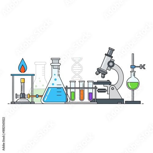 Laboratory Science Equipment, Microscope, Beaker, Test Tubes, Bunsen Burner, DNA Illustration