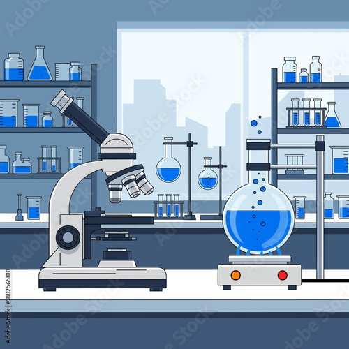 Modern Science Laboratory with Microscope and Flasks
