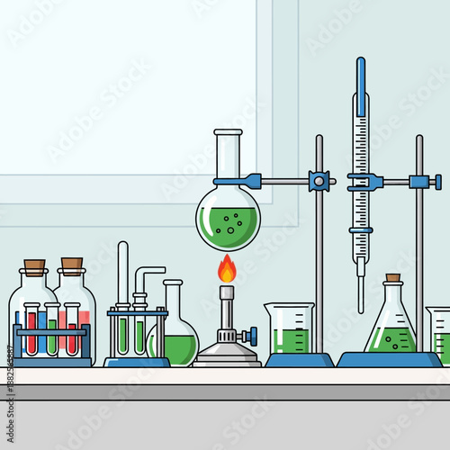 Chemical Laboratory Equipment with Green Bubbling Liquid and Flame
