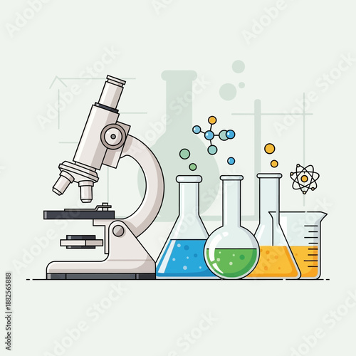 Microscope and science lab equipment, chemistry flasks with colorful liquids and molecules