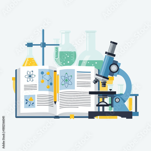 Science Education Concept: Microscope, Lab Equipment, Open Book with Chemistry Formulas