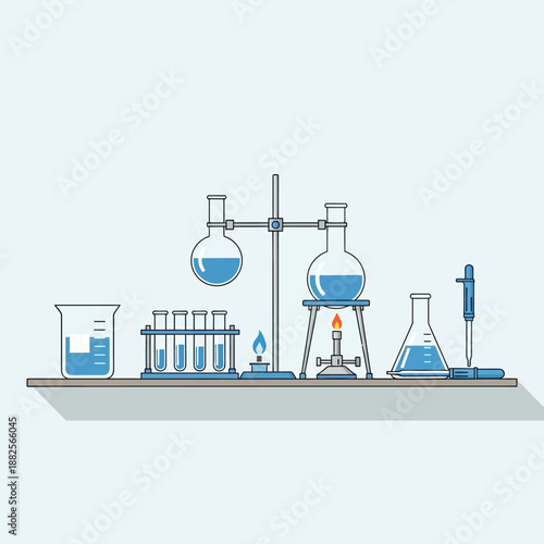 Chemistry Lab Equipment on Shelf: Beaker, Flasks, Test Tubes, Bunsen Burner, Pipette