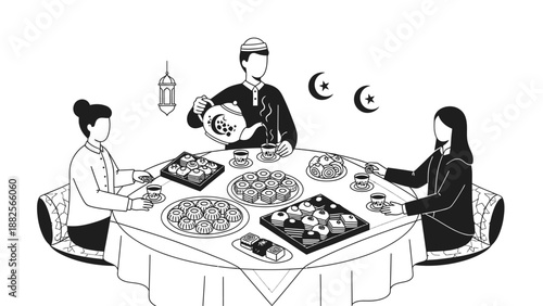 Muslim family having tea and traditional cakes during Iftar or Eid.