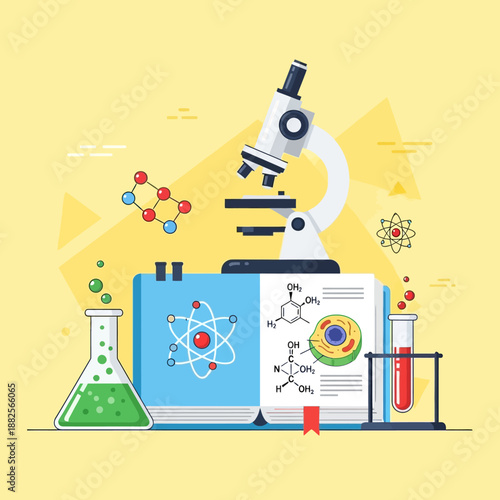 Microscope, Chemistry, Biology, Science Education, Laboratory Equipment Flat Design