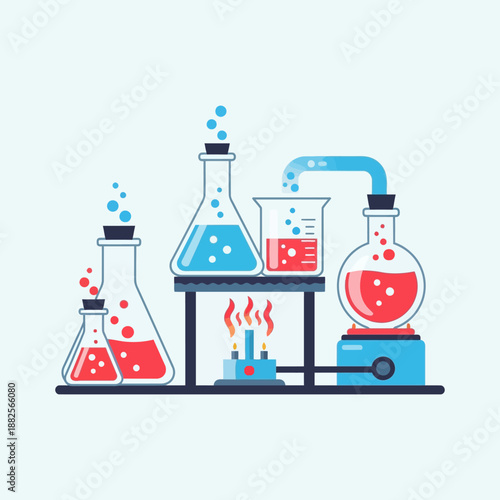 Laboratory experiment with colorful liquids in glassware over a burner