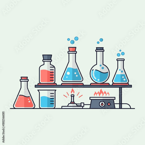Laboratory equipment with colorful liquids and heating elements, flat design illustration.