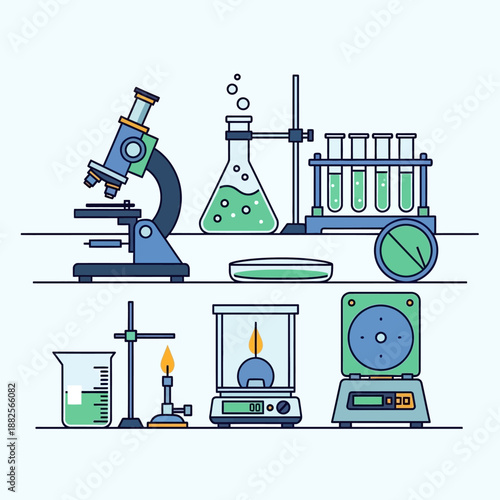 Scientific Laboratory Equipment, Microscope, Flask, Test Tubes, Bunsen Burner, Scale