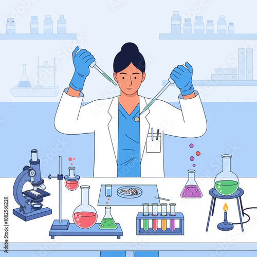 Scientist Working in Laboratory with Pipettes and Microscope