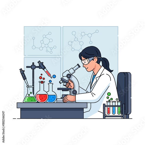Scientist working in laboratory with microscope and colorful liquids