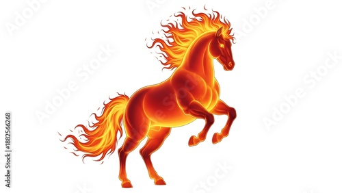 A majestic fiery horse with a flaming mane and tail rearing up on its hind legs, glowing intensely against a white background.