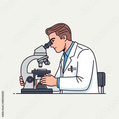 Scientist looking through a microscope in a lab, illustration