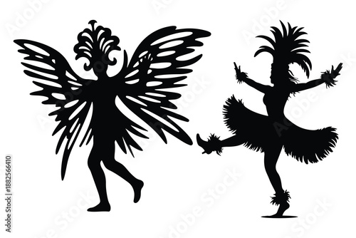Two Silhouettes of Dancers with Feathers and Wings