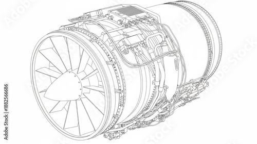 Turbine Engine Line Art Assembly Technical Illustration Isolated on Transparent Background