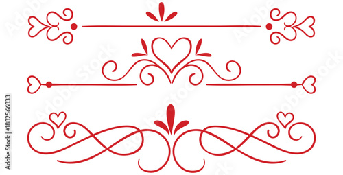 Collection of elegant vintage red decorative flourish dividers featuring beautiful heart motifs perfect for romantic wedding invitations or holiday greeting cards