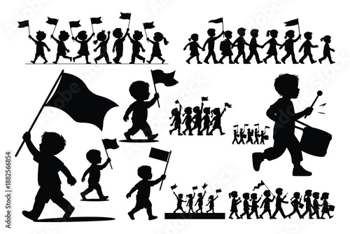 Silhouette Children Marching with Black Flags protest