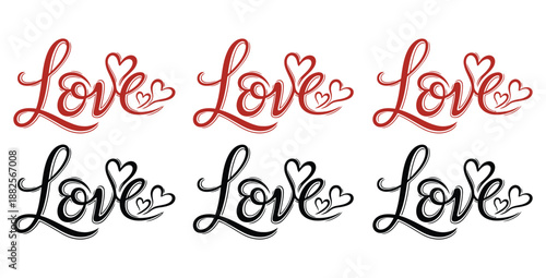 Collection of charming handwritten brush script lettering featuring the word love decorated with delicate hearts shown in both red and black colors for various romantic designs