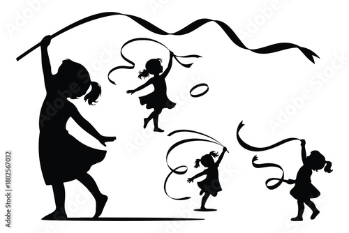 Silhouette of women jumping rope in a row black and white