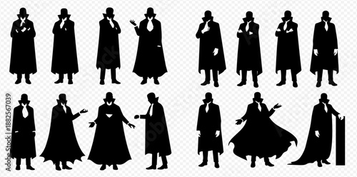 Set of mysterious detective or secret agent silhouettes in various poses, wearing trench coats and hats, on a transparent background.