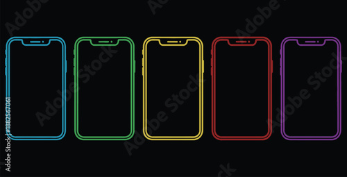 Five different colored line art representations of a modern smartphone mockup arrayed horizontally against a completely dark background canvas for display or design
